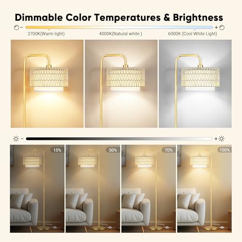 PARTPHONER Gold Floor Lamp for Living Room, Farmhouse Tall Lamp with 3 Color Temperatures Remote & Dimmable Bulb, Beige Rattan and Fabric Shades for Bedroom Study Room Office