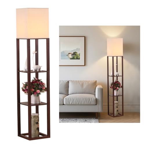 HomeFocus - LED Floor Lamp with Shelves,Floor Lamp with USB Charging,Shelf Floor Light,Corner Display Lamp for Living Room,Bedroom and Office,Wood,Brown.