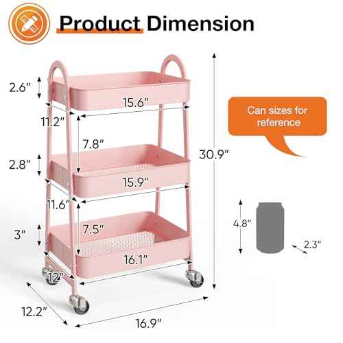 Sweetcrispy 3 Tier Metal Storage Utility Cart with Wheels, Kitchen Organizer Trolley Rolling Bathroom Laundry Room Bar Office Shelves Mobile Shelving Unit Caster for Snack Bedside Narrow Places, Pink