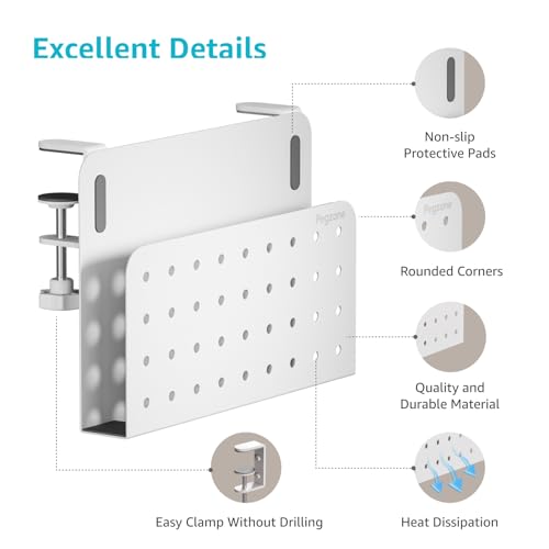 Desk Side Storage Organizer, No Drill Under Desk Laptop Holder, Clamp on Desks Shelf with Pegboard Accessories, Hanging Laptop Mount, Fits Flat Edge 0.4" to 2.2", White