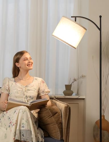 Ambimall 60-Inch Modern Floor Lamp with Beige Shade & Adjustable 3-Color LED Bulb - Black & Beige