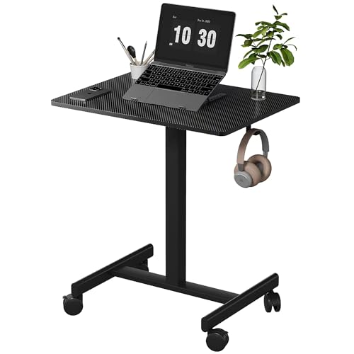 Gamork Carbon Fiber Black Standing Desk on Wheels, Pneumatic Height Adjustable, Mobile Home Office Desk
