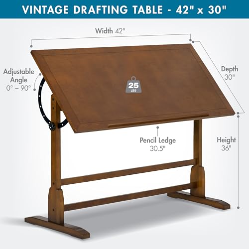 Studio Designs Vintage Rustic Oak Drafting Table - 42x30 Adjustable Work Surface
