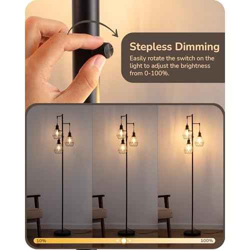 EDISHINE 70IN Farmhouse Floor Lamps for Living Room, Dimmable Industrial Tall Standing Lamps 3 LED Edison Bulbs Included, Diamond-Shaped Cage, Rustic Tree Corner Light for Bedroom, Office, Black