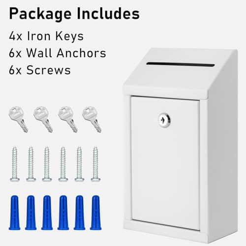 White Metal Money Drop Box with Lock - Wall Mount Cash & Donation Box