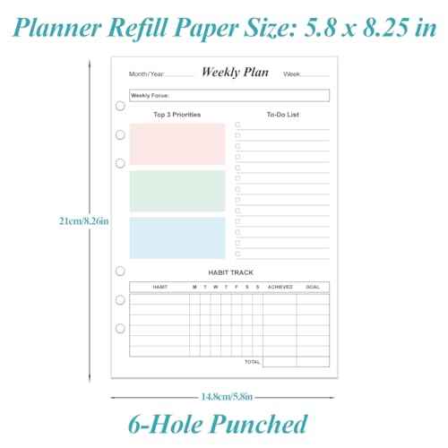 Weekly Planner Refills for A5 Binders - 53 Sheets/106 Pages Undated Colorful Weekly Planner, 6-Hole Punched, 100 gsm White Paper, Lasts 1 Year, Undated, 5.8" x 8.3"