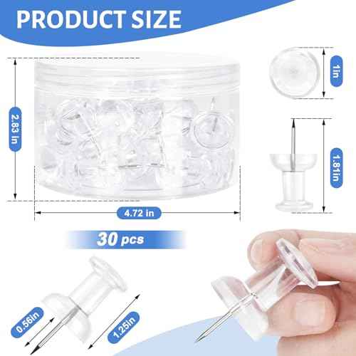30 PCS Jumbo Push Pins for Bulletin Board, Large Thumb Tacks for Wall, 1.81 Inch, Giant Clear Thumbtacks, Pin Tacks for Cork Board Hanging Maps Photos Posters Calendar, Office School Supplies