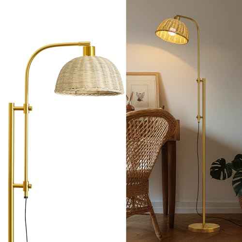 Oneach 65" Arc Floor Lamp for Living Room, Adjustable Height Gold Floor Lamps with Rattan Lampshade, Foot Switch, Boho Farmhouse Tall Lamp for Bedroom Corner Study Home Office