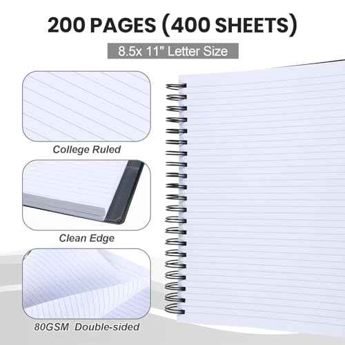 Yeaqee 4 Pack 5 Subject Notebook, College Ruled, Spiral Notebook with Removable Dividers, 8.5" x 11" 400 Pages (200 Sheets) Writing Journal for School Office Home Supplies