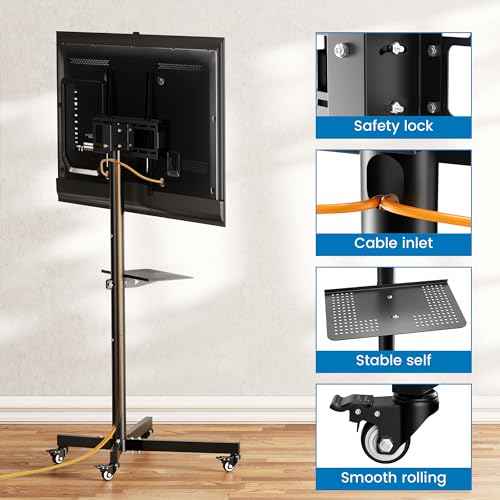 Rolling TV Stand for 26-55 Inch LCD LED Flat/Curved Panel Screen TVs, Portable TV Stand with Wheels & Media Shelf. Angle Adjustable TV Cart with Lockable Wheels, Max VESA 400x400mm