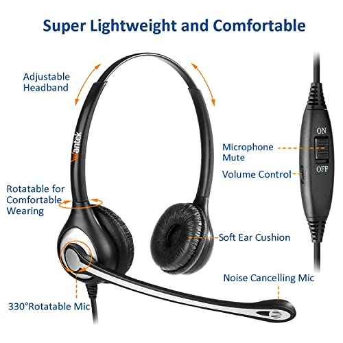 Telephone Headset with Microphone Noise Cancelling, RJ9 Phone Headset Compatible with Volume Adjustment Mute Control Switch for Call Center Office