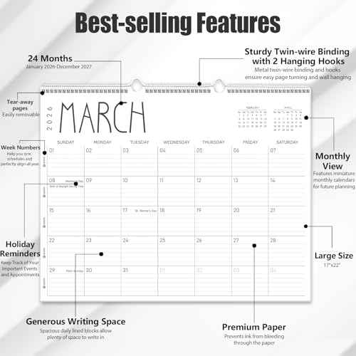 GuassLee Large Wall Calendar 2026-2027, 24-Month 22" x 17" Wall Calendar from Jan. 2026 to Dec. 2027, Large Desktop Hanging Monthly Planner with Thick Paper, Ruled Blocks for Home School Office