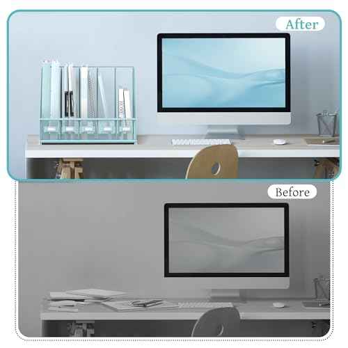 SUPEASY Desk Organizers Metal Desk Magazine File Holder with 5 Vertical Compartments Rack File Organizer for Office Desktop, Home Workspace, Blue