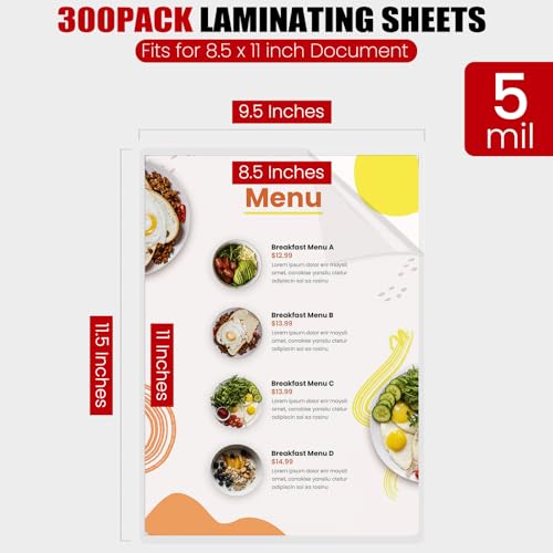 CAREGY 300 Pack Laminating Sheets, Holds 8.5 x 11 Inch Sheets,5 Mil Thermal Laminating Pouches,9 x 11.5 Inches Lamination Sheet Paper for Laminator, Clear, Letter Size, Office and School Supplies