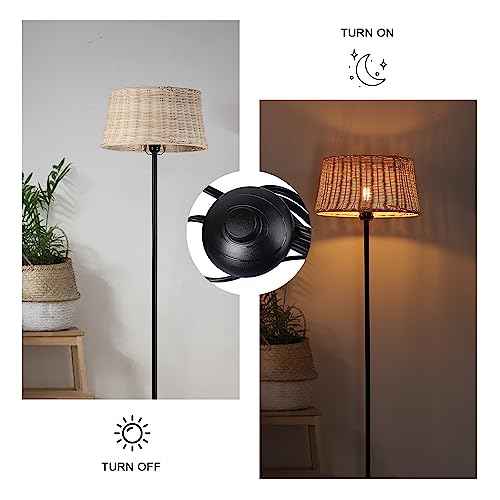 Rattan Industrial Floor Standing Lighting with Pedal Black Cord Wicker Lampshade E26 Lamps Fixture Lights for Bedroom Living Room Reading Room Studio