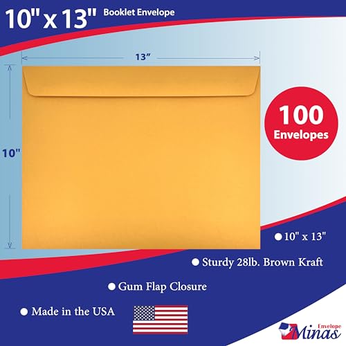 100 Pack Large 10x13 Inch Kraft Paper Envelopes with Gummed Flap - Heavy Duty Business Mailers