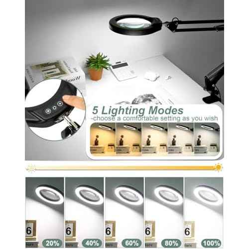 Veemagni 10X Large Magnifying Glass with Light and Clamp, 5 Inch Real Glass Stand Magnifying Desk Lamp, 5 Color Modes Stepless Dimmable, Hands Free LED Lighted Magnifier for Crafts Reading Close Work