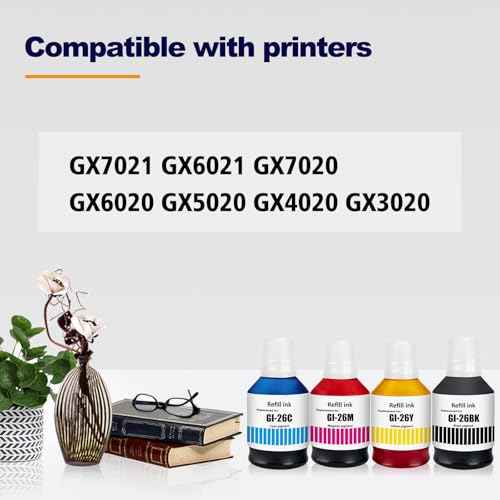 GI-26 GI26 GX7021 Ink Refill Bottles Compatible for Canon MAXIFY GX7021 GX6021 GX7020 GX6020 GX6120 GX5020 GX4020 GX3020 Printer 4 Color Multipack GI-26BK GI-26C GI-26M GI-26Y