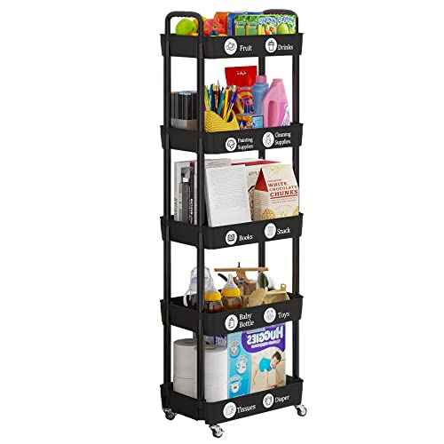 Laiensia Multifunction Utility Rolling Cart, 5-Tier Plastic & Metal Storage Organizer, Black, Lockable Wheels, Modern Style, Indoor Use