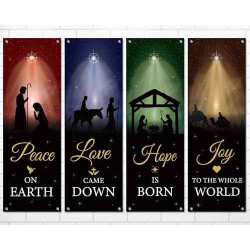 4Pcs Welcome Religious Christmas Banners for Church Sanctuary Wall - Hanging Backdrop Nativity Scene Banner Scripture - Holiday Porch Signs for School Nativity Decor