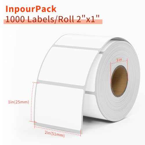 2x1inch Direct Thermal Label Paper for Barcodes, Shipping, 1000 Labels Per Roll White, Compatible with Rollo Label Printer & Zebra Desktop Printers