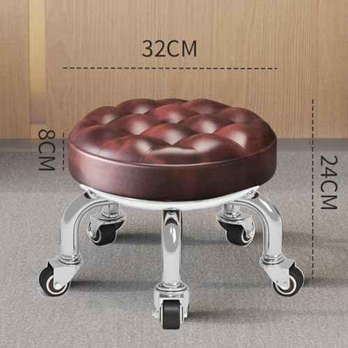 Brown Low Roller Seat 13¡¯¡¯, PU Leather Low Rolling Stool with 5 Rolling Caster Wheels, Low Seat Tool Heavy Duty for Home and Office Use, Modern Comfortable Wheel Stool Chair Low Height, 1Pcs