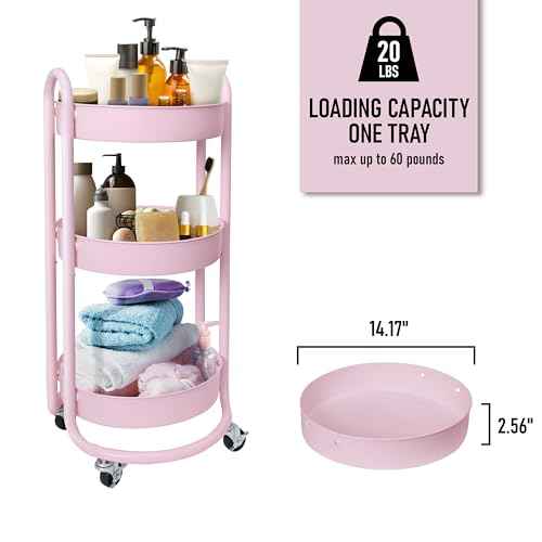 HOMESTEAD Round Rolling Side Table Cart, 3 Tier Metal Utility, 60 lb Heavy Duty, 15¡È Diameter, Lockable 360¡Æ Casters (Pink)
