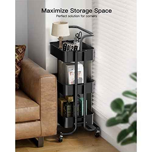 Totnz Rolling Utility Cart, 3-Tier Mesh Organization Cart with Lockable Wheels, Multi-Functional Storage Trolley for Office, Living Room, Kitchen, Laundry, Bathroom Storage, Black (TZUC01B)