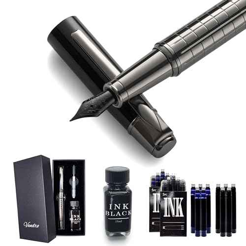 Vandro Complete Luxury Fountain Pen Set - Comfortable Grip with Smooth Fine Nib - Includes 10 Pack Ink Cartridges, Black Ink Bottle, Refill Converter & Gift Box - Black