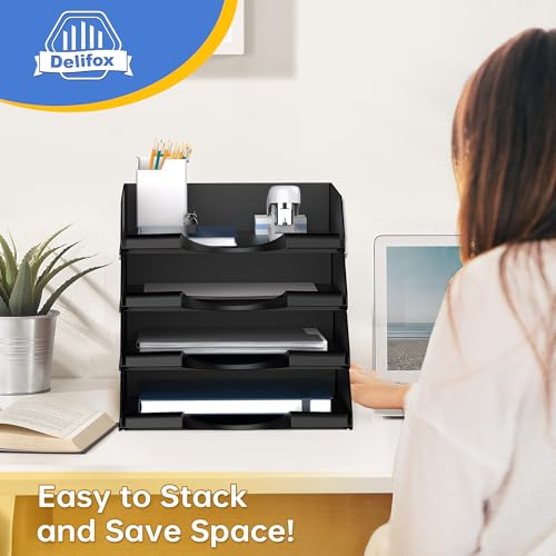 Delifox 4 Pack Black Stackable Paper Trays for Letter Documents Desktop Organizer