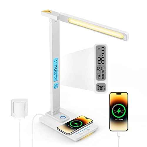LED Desk Lamp with Wireless Charger: Desk Lamps for Home Office Bedroom, 5 Color Modes & Brightness Dimmable, 2 Night Light