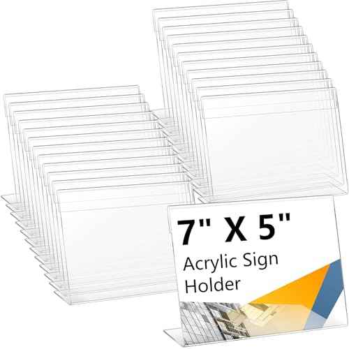 Vicenpal 60 Pcs 7x5 Inch Clear Acrylic Sign Holder Plastic L-shape Vertical Menu Stand, Picture Photo Frames, Table Paper Holder, Flyer Sign Display Stand for Restaurants, Store, Office, Wedding