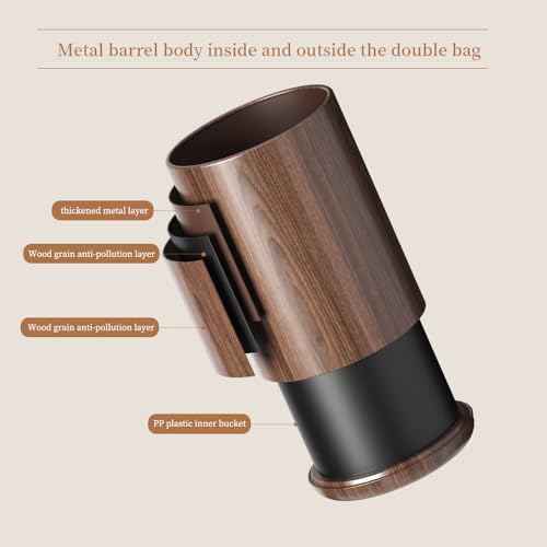 8L/2.1GAL Modern Metal Waste Bin with Realistic Wood Texture,Built-in Bag Holder,Open-Top Trash Bin for Bathroom,Home,Office,Living Room (2.1gal Round)