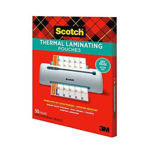 Scotch Dry Erase Thermal Laminating Pouches, 50-Pack, Works with Dry Erase Markers, Reuseable Worksheets, Calendars, Checklists, 8.9 x 11.4 Inches, Letter Size, Clear Professional Finish (TP3854-50DE)