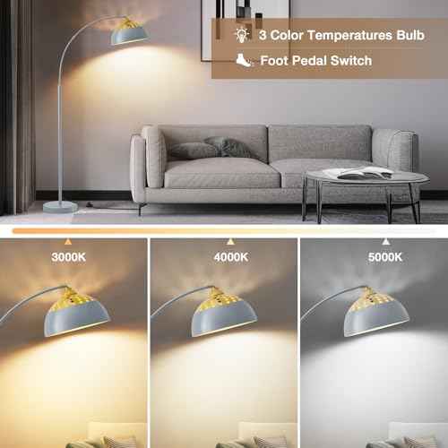 Arc Floor Lamps for Living Room, 71" Standing Lamp with Adjustable Lamp Head, Silver Metal Tall Lamps with Foot Switch, Arched Reading Light for Bedroom, Office, 9W 3 Color Temperatures Bulb Included