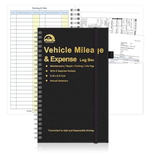 GLDTPOZK 1 Pcs Auto Mileage & Expense Logbook with 6 Pockets, 600+ Entries, PU Leather, 5.25 x 8.5 inches, Black