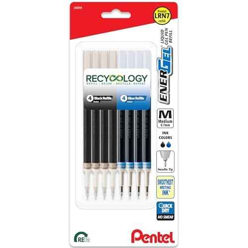 Pentel Energel 0.7 Refills - Needle Tip, Medium Point, 8 Pack of 4 Black and 4 Blue