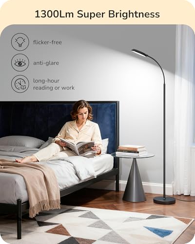 EDISHINE Black LED Floor Lamp 1300LM Bright Reading & Dimmable Modern Lamp