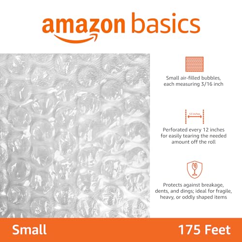 Amazon Basics Clear Bubble Wrap for Moving & Shipping - 12 x 175 ft, Perforated Small 3/16" Roll