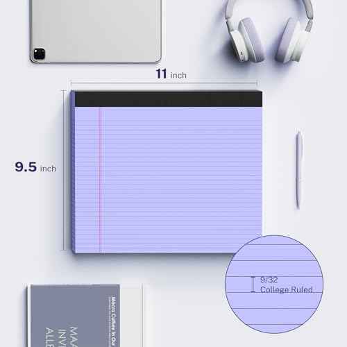 5 Pack Wide Legal Pads 11" x 9.5" Landscape Pink Purple Blue Green Yellow College Ruled Note Pad Narrow Ruled 30 Sheets per Notepad Perforated Writing Paper Thick Backboard Horizontal Pads of Paper