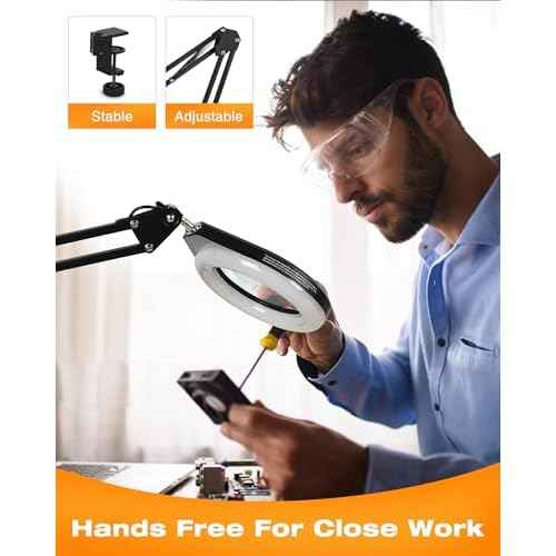 Magnifying Glass with Light, 10X & 5X Real Glass & Anti-Glare Lens, 5 Color Mode Stepless Dimmable LED Desk Magnifying Lamp, Hands-Free Desk Lamp with Clamp for Crafts Reading Repair Hobby (Yellow)