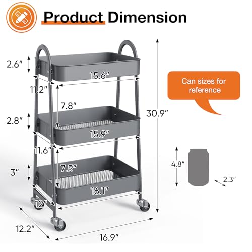 NEWBULIG Gray 3-Tier Metal Rolling Cart with Lockable Wheels, Heavy Duty Utility Shelf