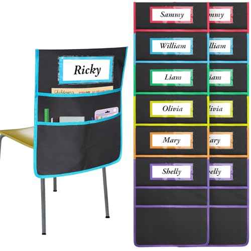 12 Pack Classroom Chair Pockets 19x16.8 Inch Chairback Buddy Pocket Chart Seat Back Organizer Student Storage with Lable Slot for Classroom Kindergarten School Home