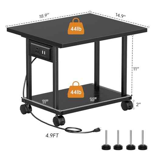 Printer Table, 2-Tier Under Desk Printer Stand with Charging Station, Printer Stand with Wheels, PrinterShelf for Small Spaces, Printer Cart for Home Office Black