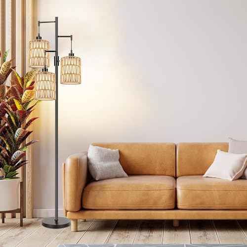 Boho Floor Lamp for Living Room Bedroom-3 Light Dimmable Floor Lamp with Three Led Bulb, Rustic Tall Lamp Black Standing Lamp Tree Floor Lamps for Living Room Bedroom,Office,Corner