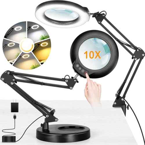 10X Magnifying Glass with Light and Stand, 2-in-1 Lighted Magnifier with Clamp, 5 Color Modes Dimmable LED Desk Lamp Hands Free for Painting Craft Jewelry Sewing Hobby Model Close Work