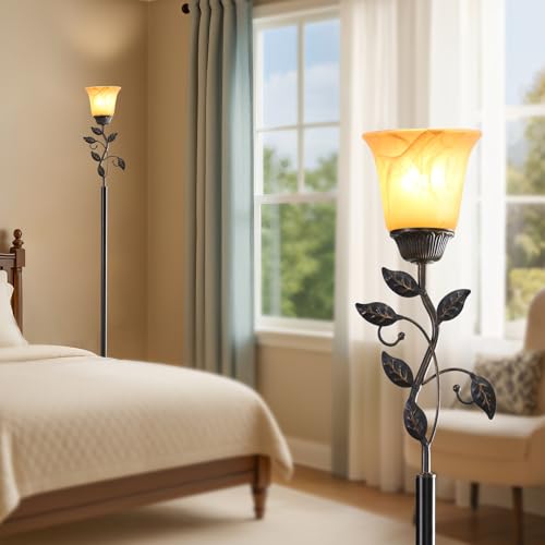 72¡± Flower Farmhouse Floor Lamp for Living Room, Unique Rustic Leaf Tall Standing Lamp with Amber Glass Shade and Traditional Foot Switch for Bedroom, Corner, Office, Bulb Included (Bronze)