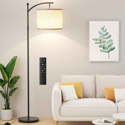 Ambimall 60" Floor Lamp with Remote Control and Stepless Dimmable Bulb, Colors Temperature & Brightness Adjustable, Modern Floor Lamps for Living Room£¨Beige Shade & Black Pole£©