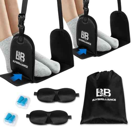 Buybrilliance 2 Pack Foot Hammock for Airplane Travel Adjustable Plane Leg Rests with Memory Foam Support, Portable Footrests for Long Flights, Includes Eye Mask & Earplugs