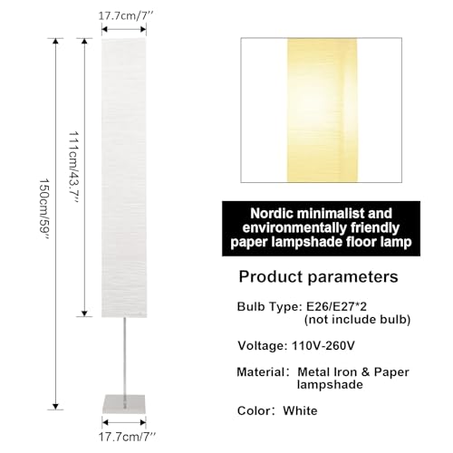 HonoDing CX00015 59'' Tall Paper Floor Lamp, Japanese Style with White Paper Shade and Chrome Base, On/Off Foot Switch - Ideal for Living Room and Bedroom Decor (2-PK)